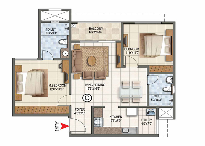Featured Image of Prestige Rosewood 2 BHK Floor Plan